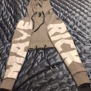 Logan Paul Cropped hoodie, gray w/ white letters.